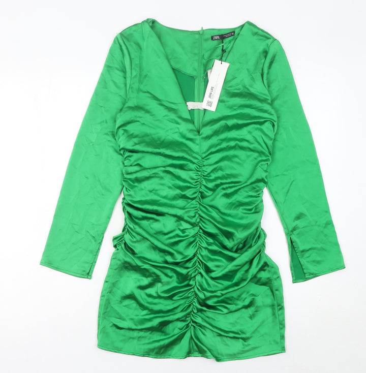 Zara Women’s Green Mini Bodycon Party Dress Size 12 Long Sleeve Ruched