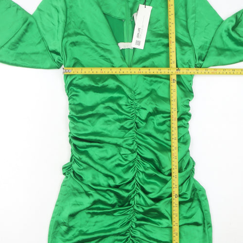 Zara Women’s Green Mini Bodycon Party Dress Size 12 Long Sleeve Ruched