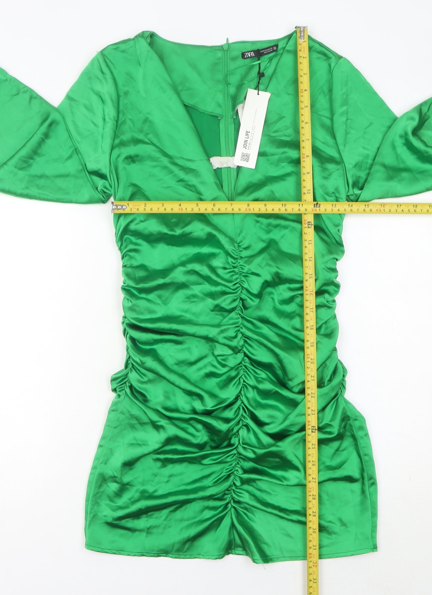 Zara Women’s Green Mini Bodycon Party Dress Size 12 Long Sleeve Ruched