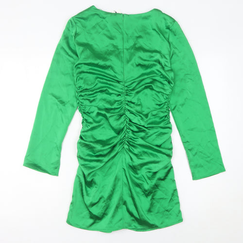 Zara Women’s Green Mini Bodycon Party Dress Size 12 Long Sleeve Ruched