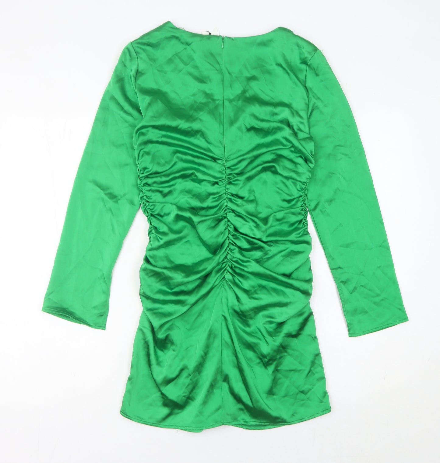 Zara Women’s Green Mini Bodycon Party Dress Size 12 Long Sleeve Ruched