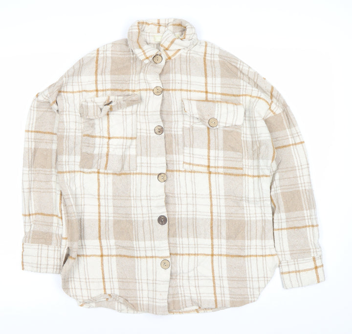 Carolina Women’s Beige Plaid Button-Up Shirt Size 2 Long Sleeve Woven