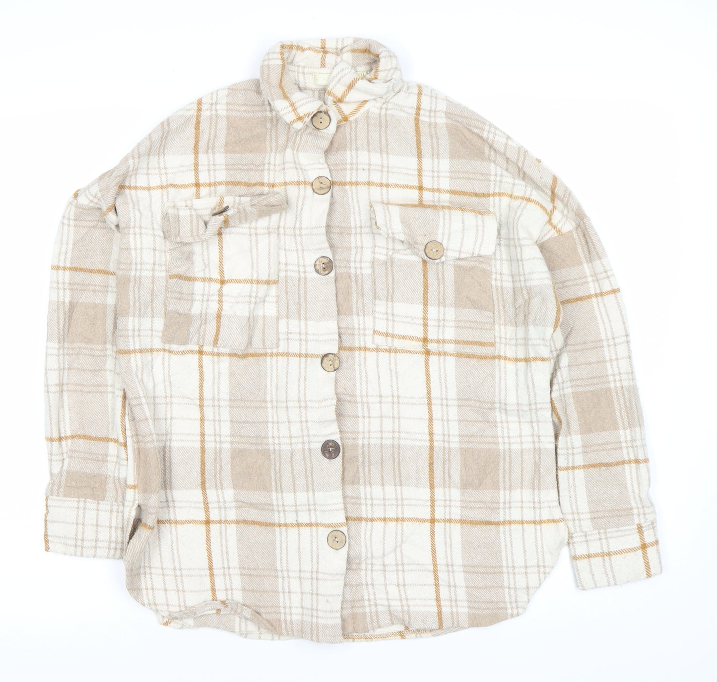 Carolina Women’s Beige Plaid Button-Up Shirt Size 2 Long Sleeve Woven