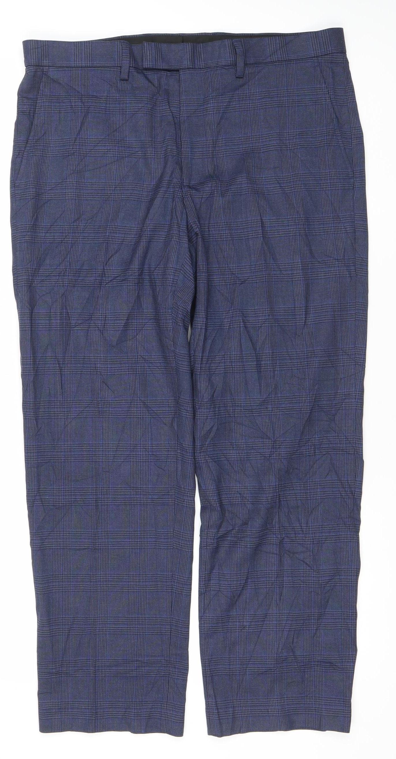 Marks and Spencer Men's Blue Check Regular Fit Trousers 36x29