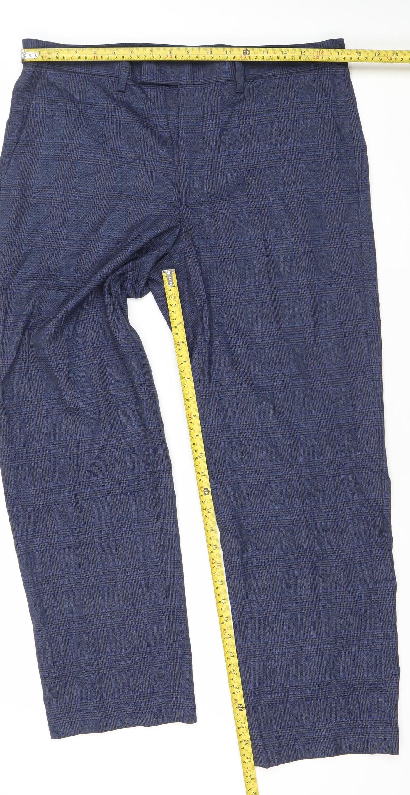Marks and Spencer Men's Blue Check Regular Fit Trousers 36x29