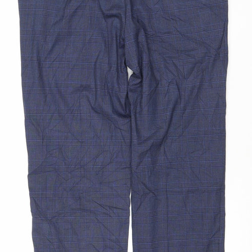 Marks and Spencer Men's Blue Check Regular Fit Trousers 36x29