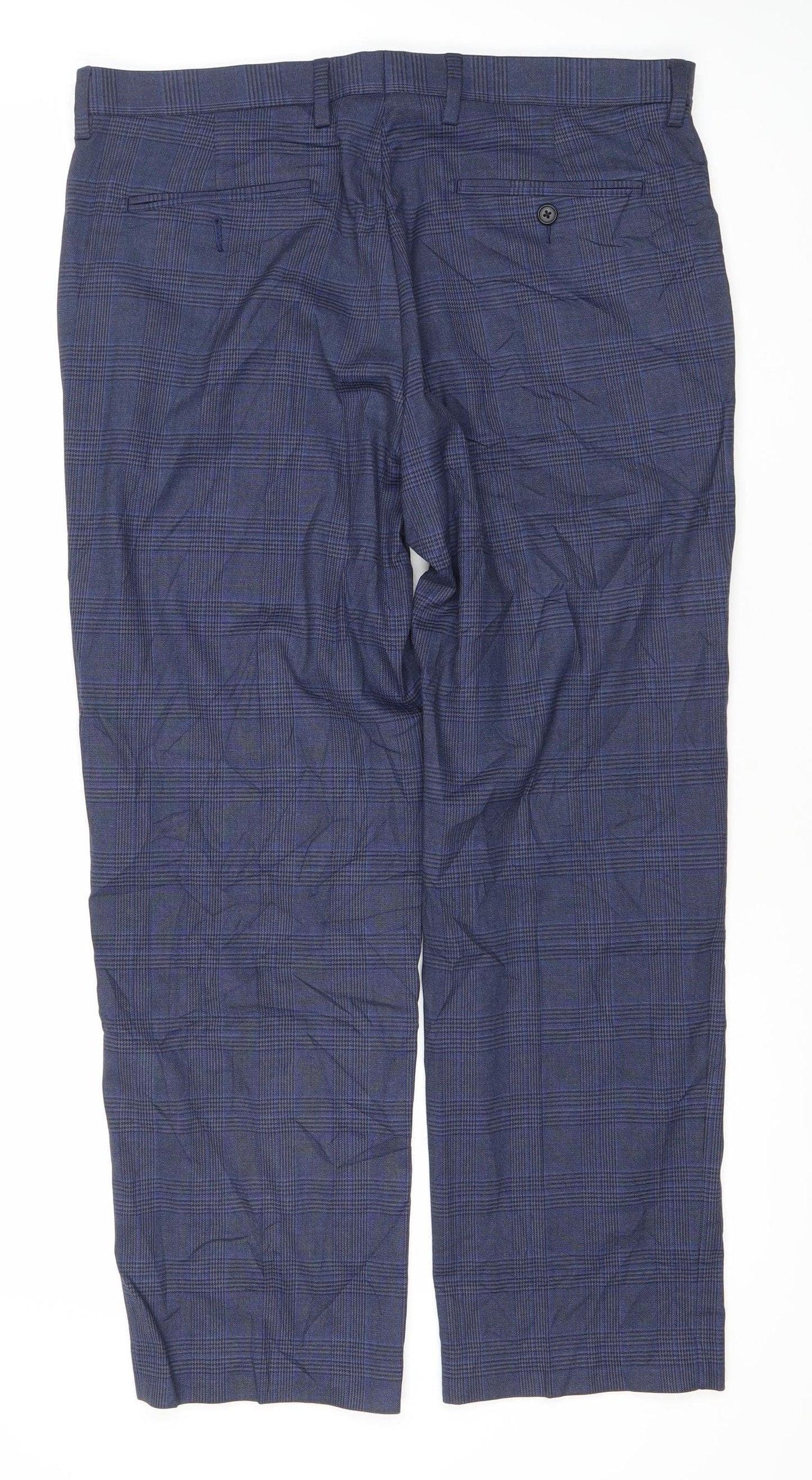 Marks and Spencer Men's Blue Check Regular Fit Trousers 36x29