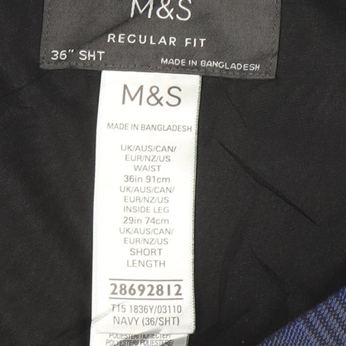 Marks and Spencer Men's Blue Check Regular Fit Trousers 36x29