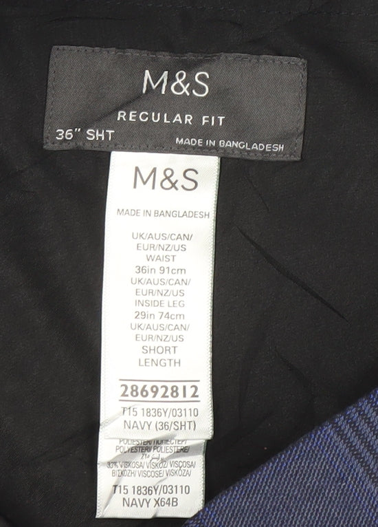 Marks and Spencer Men's Blue Check Regular Fit Trousers 36x29