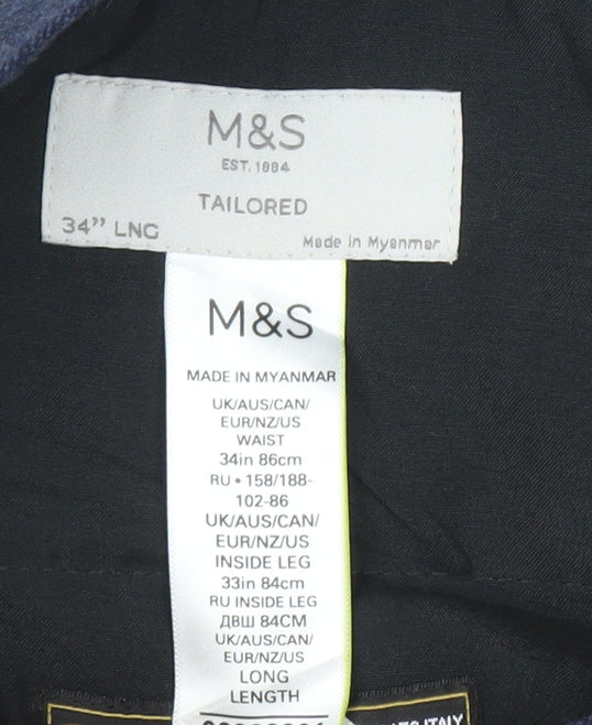 Marks and Spencer Men’s Blue Wool Blend Tailored Trousers 34W 33L