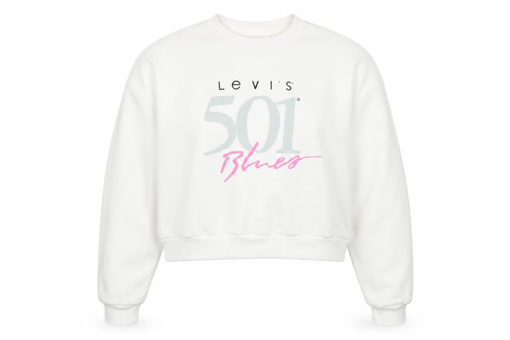 Front view of Levi's Women's White Small 501 Blues Logo Cotton Pullover Sweatshirt