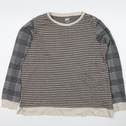 Lands' End Women's Brown Check Crew Neck XL Pullover Jumper Cotton Blend