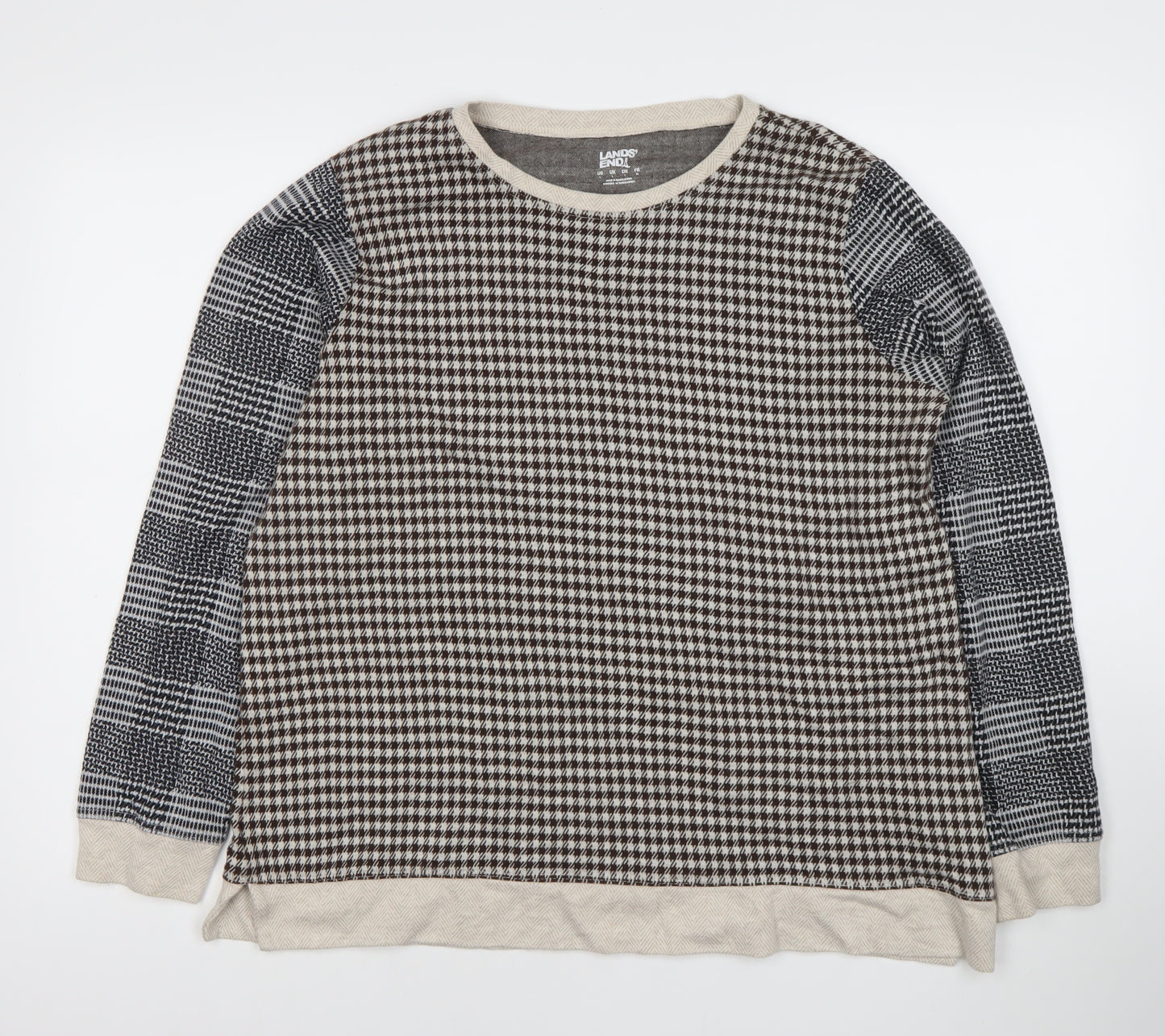 Lands' End Women's Brown Check Crew Neck XL Pullover Jumper Cotton Blend