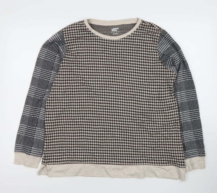 Lands' End Women's Brown Check Crew Neck XL Pullover Jumper Cotton Blend