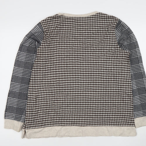 Lands' End Women's Brown Check Crew Neck XL Pullover Jumper Cotton Blend