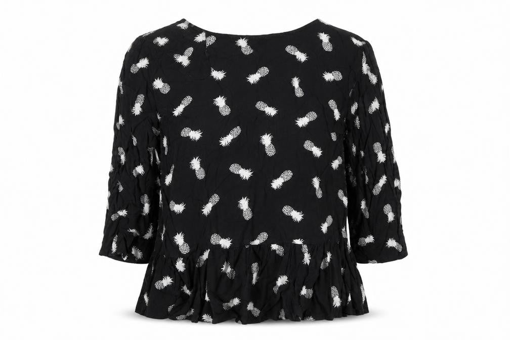 Front view of Sugarhill Women’s Black Pineapple Print Tunic Blouse, size L