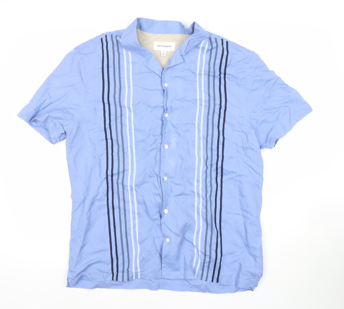 Marks and Spencer Men’s Blue Striped Linen Cotton Short Sleeve Button-Up Shirt M