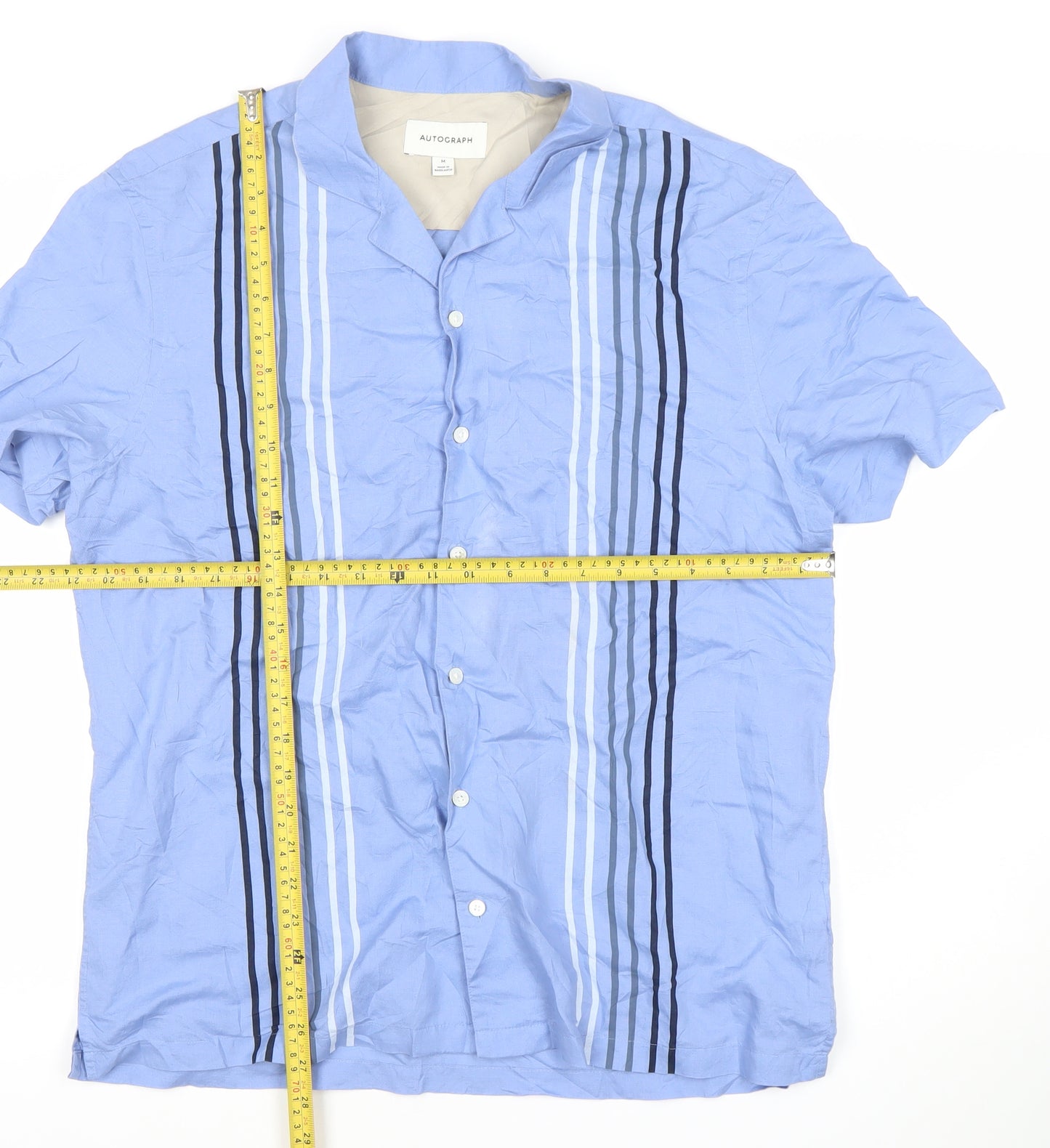 Marks and Spencer Men’s Blue Striped Linen Cotton Short Sleeve Button-Up Shirt M