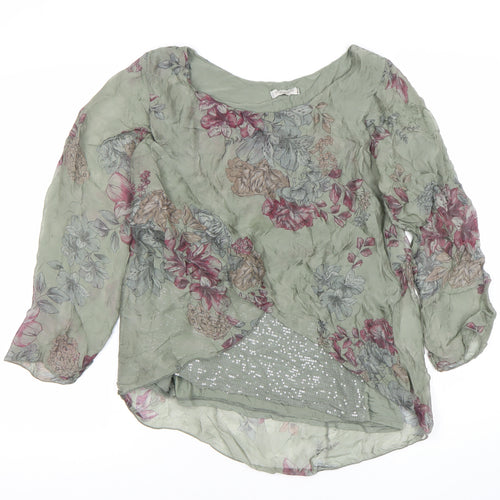 Viola Borghi Womens Green Floral Chiffon Blouse M Long Sleeve Sequin Detail