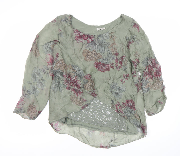 Viola Borghi Womens Green Floral Chiffon Blouse M Long Sleeve Sequin Detail