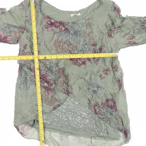 Viola Borghi Womens Green Floral Chiffon Blouse M Long Sleeve Sequin Detail