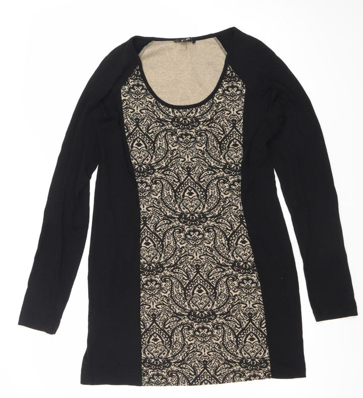 Vest Women’s Black Beige Bodycon Paisley Knit Long Sleeve Dress S