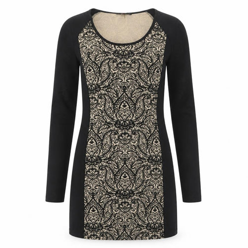 Vest Women’s Black Beige Bodycon Paisley Knit Long Sleeve Dress S