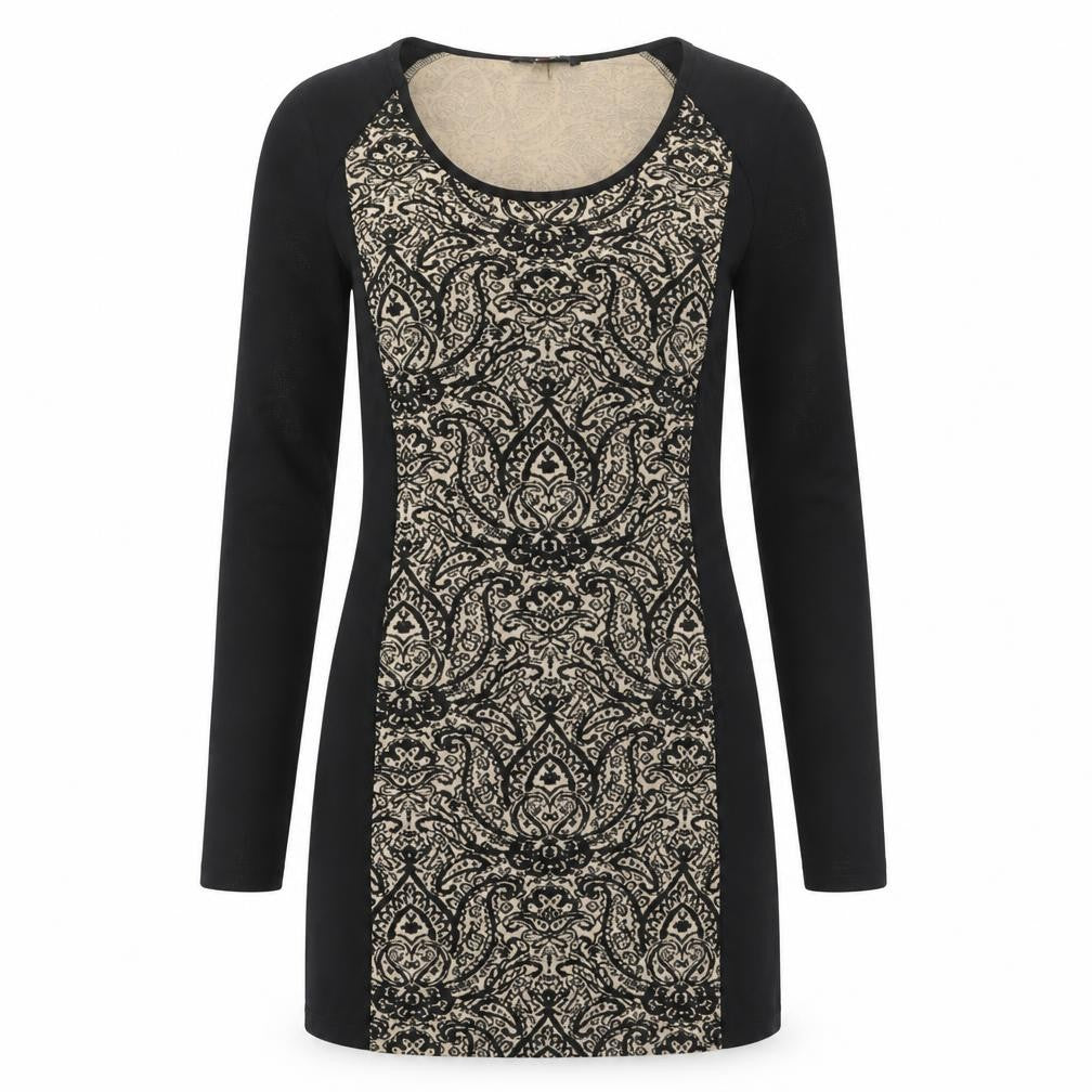 Vest Women’s Black Beige Bodycon Paisley Knit Long Sleeve Dress S