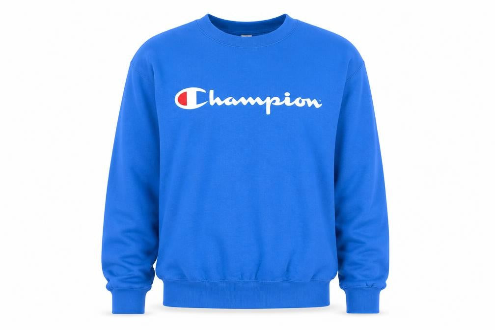 Front view of Champion Men's Blue Small Pullover Sweatshirt Crew Neck Logo
