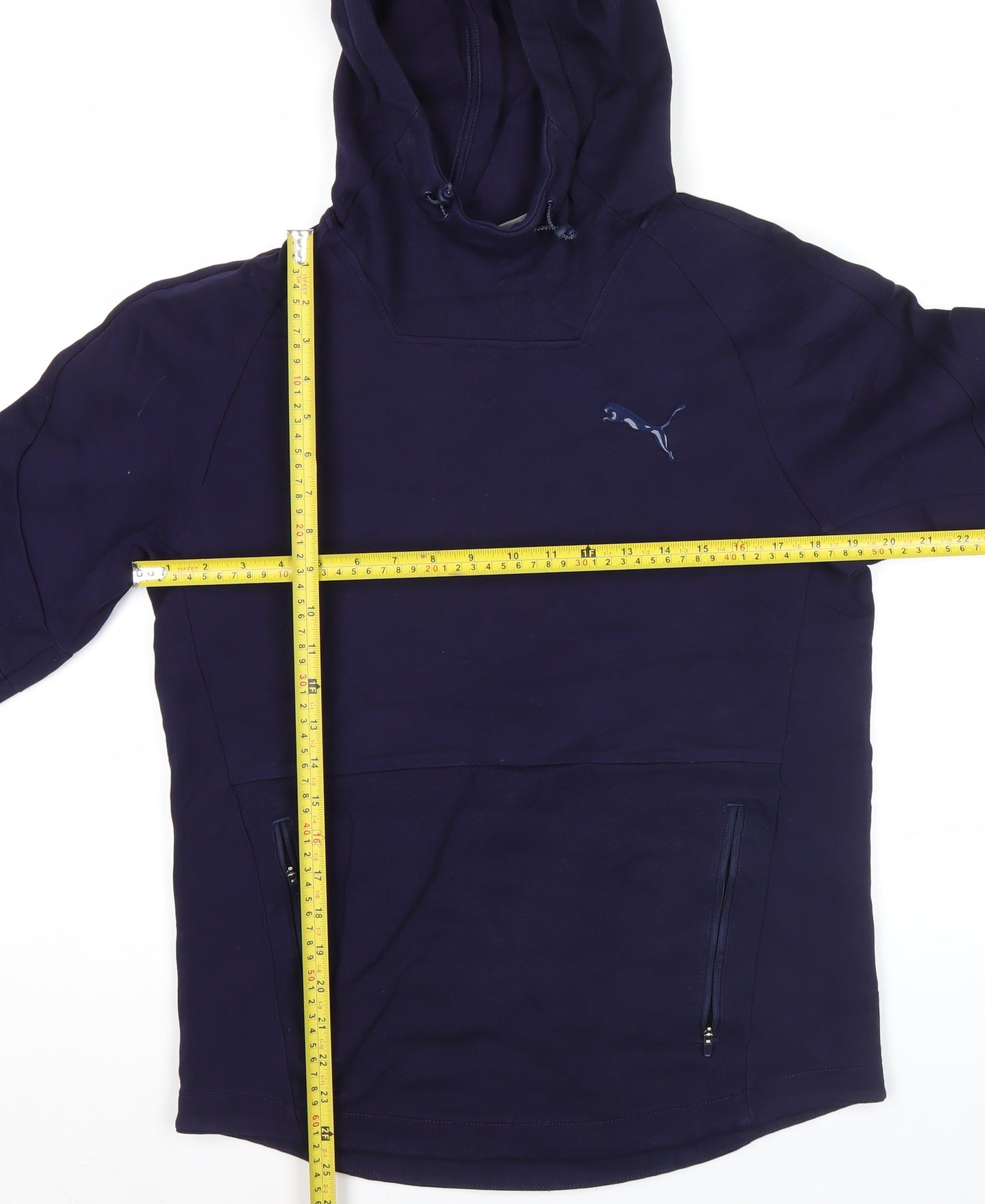Puma Men's Blue Pullover Hoodie M Fleece Logo Zip Pockets