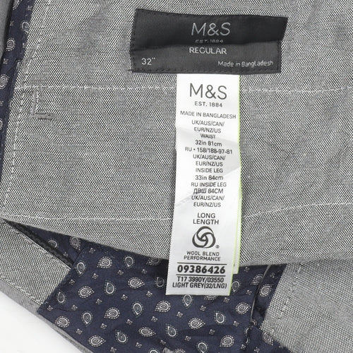 Marks and Spencer Mens Grey Wool Blend Regular Fit Dress Trousers 32x33