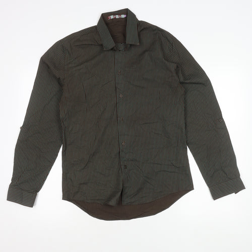 Topman Men's Brown Striped Long Sleeve Button-Up Shirt M