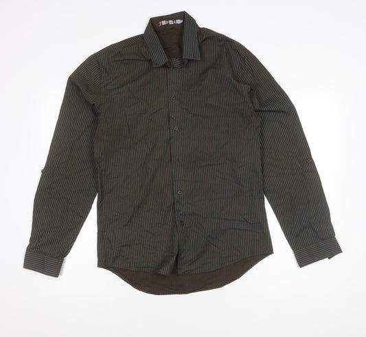Front view of Topman Men's Brown Striped Long Sleeve Button-Up Shirt M