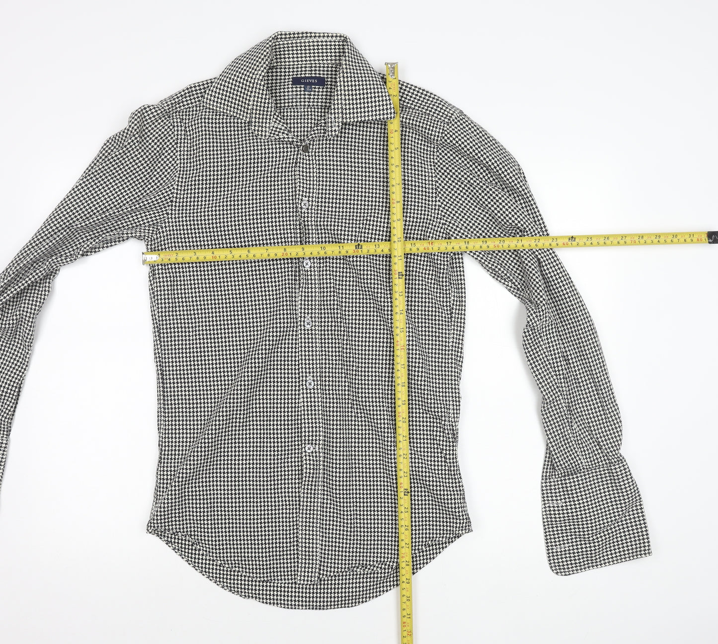 Gieves Men’s Black Houndstooth Cotton Long Sleeve Button-Up Shirt 15