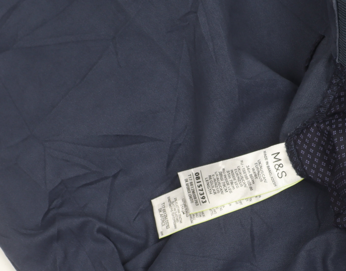 Marks and Spencer Men's Blue Regular Fit Chino Trousers 34W 31L