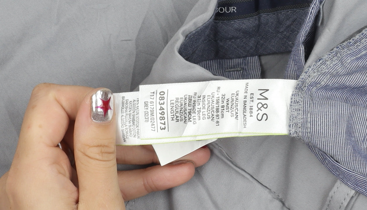 Marks and Spencer Men's Grey Regular Fit Chino Trousers 32W 31L