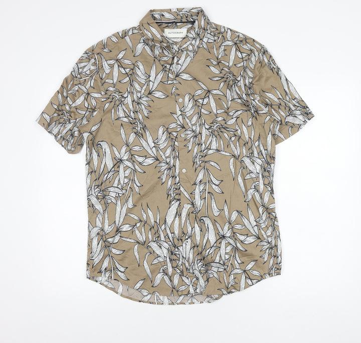 Marks and Spencer Men’s Beige Floral Short Sleeve Button-Up Shirt M