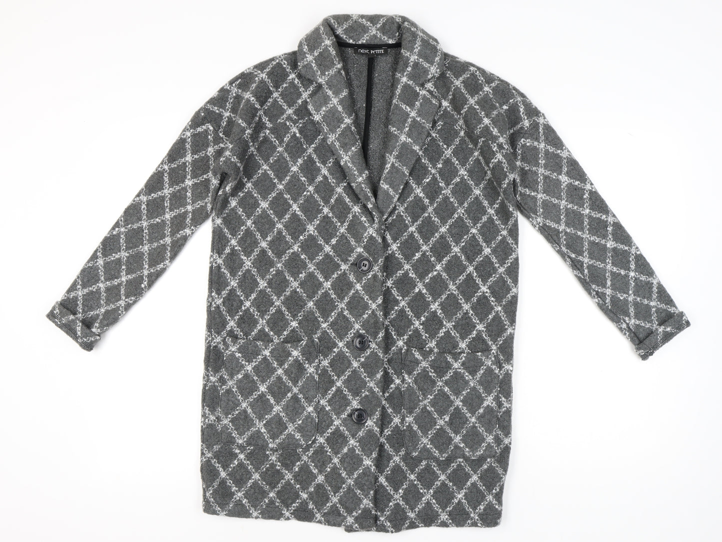 Next Petite Women’s Grey Check Collared Cardigan Size 14 Acrylic Blend