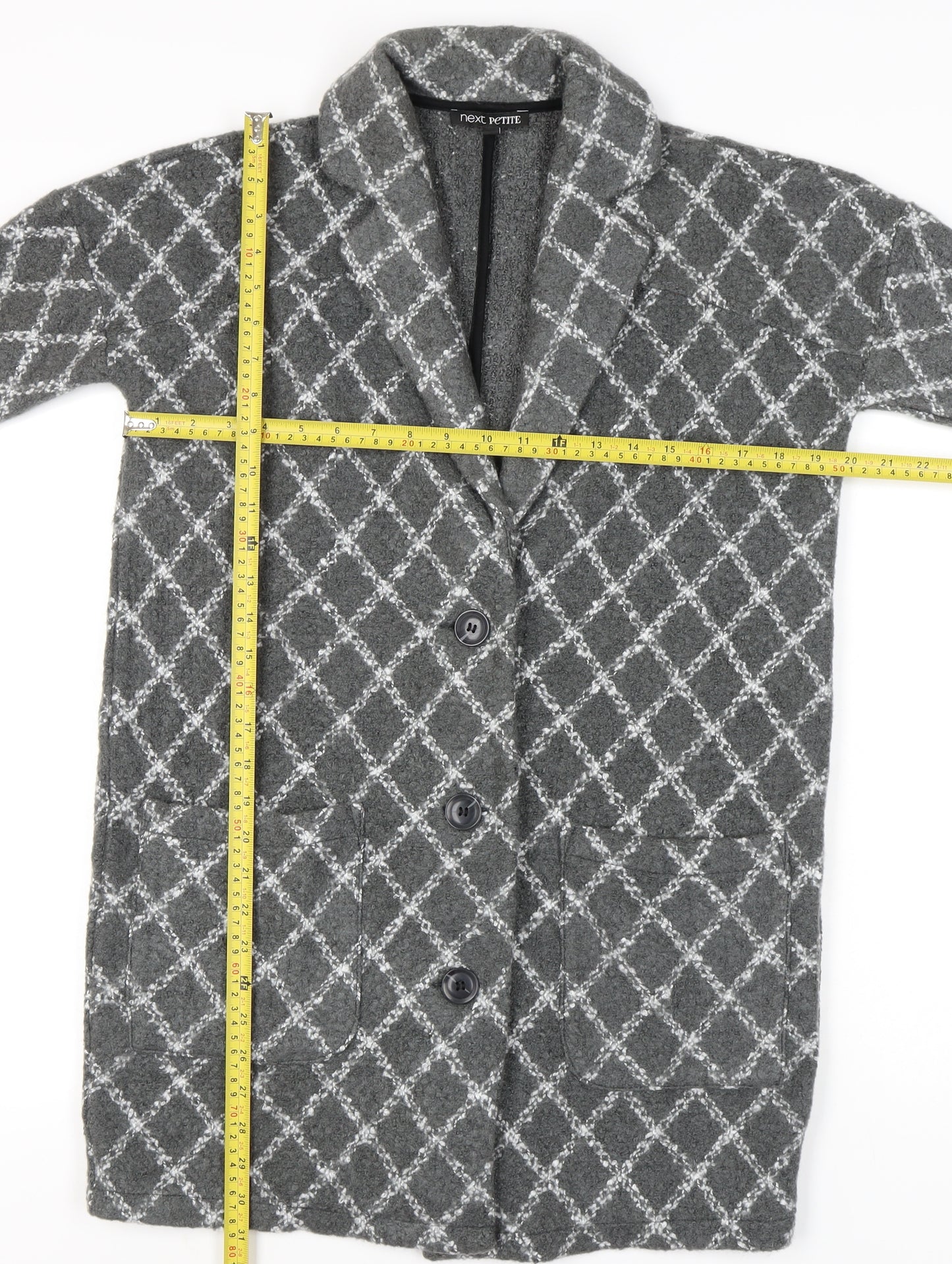 Next Petite Women’s Grey Check Collared Cardigan Size 14 Acrylic Blend