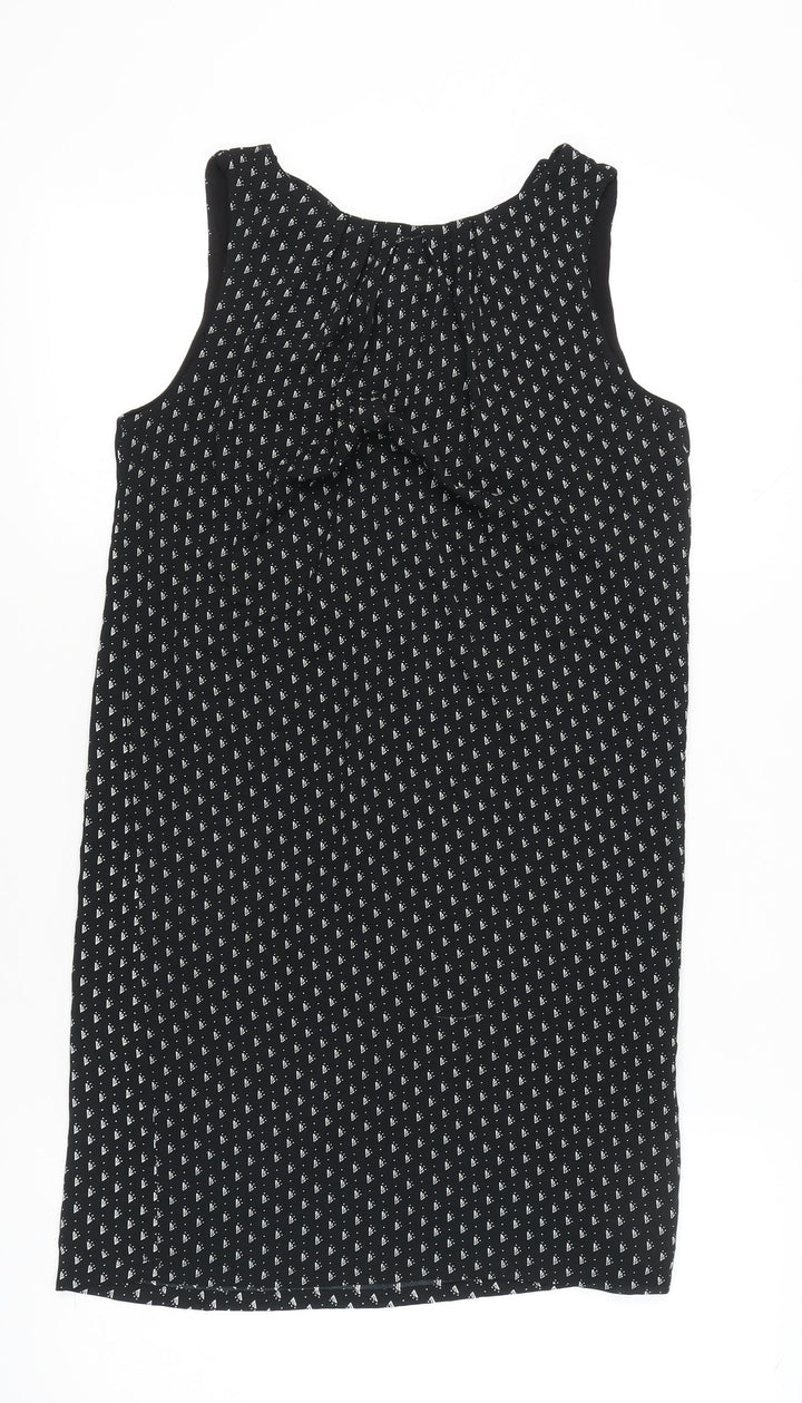 H&M Women’s Black Geometric Shift Dress Size 8 Sleeveless Tie Neck