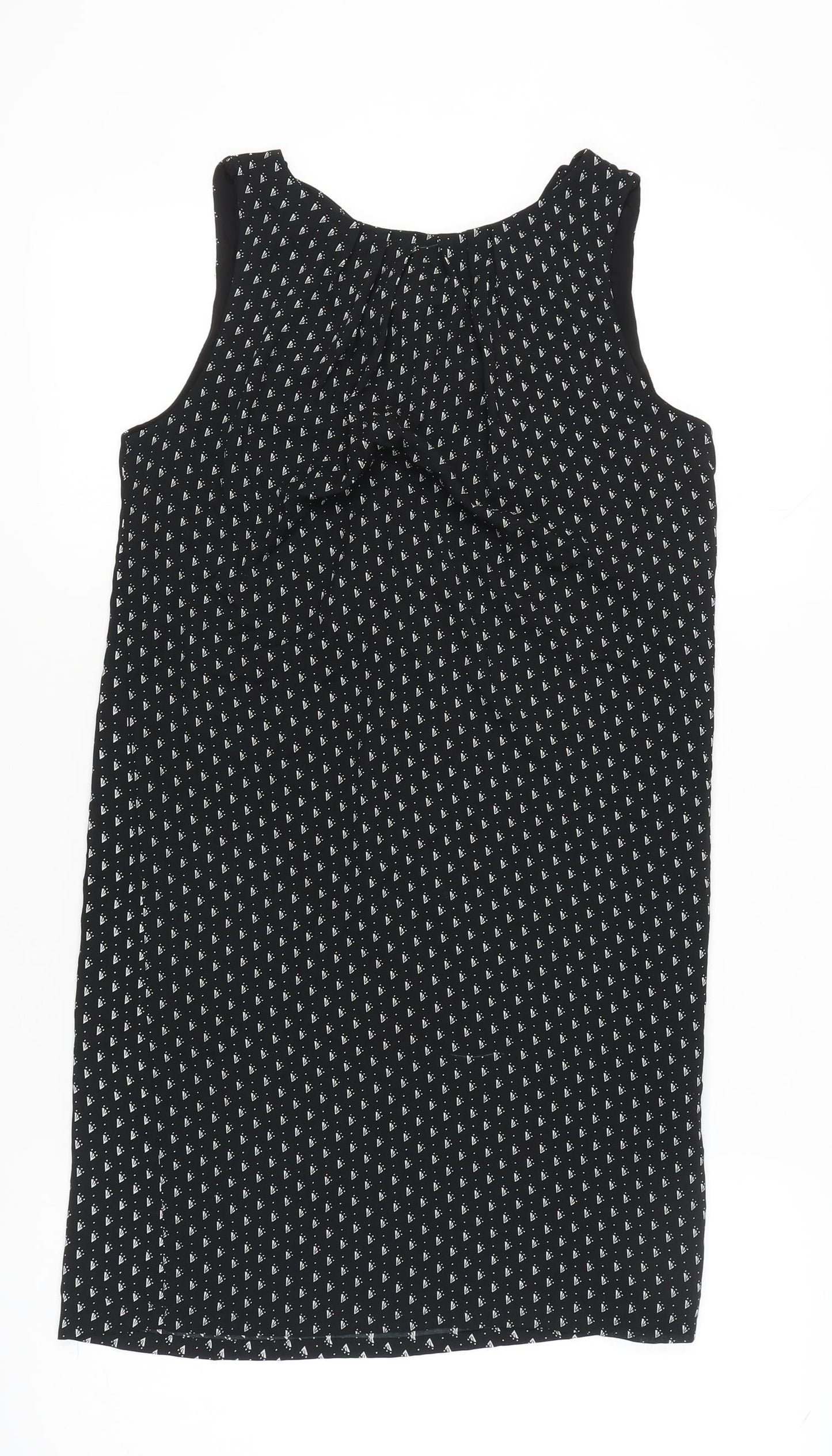H&M Women’s Black Geometric Shift Dress Size 8 Sleeveless Tie Neck
