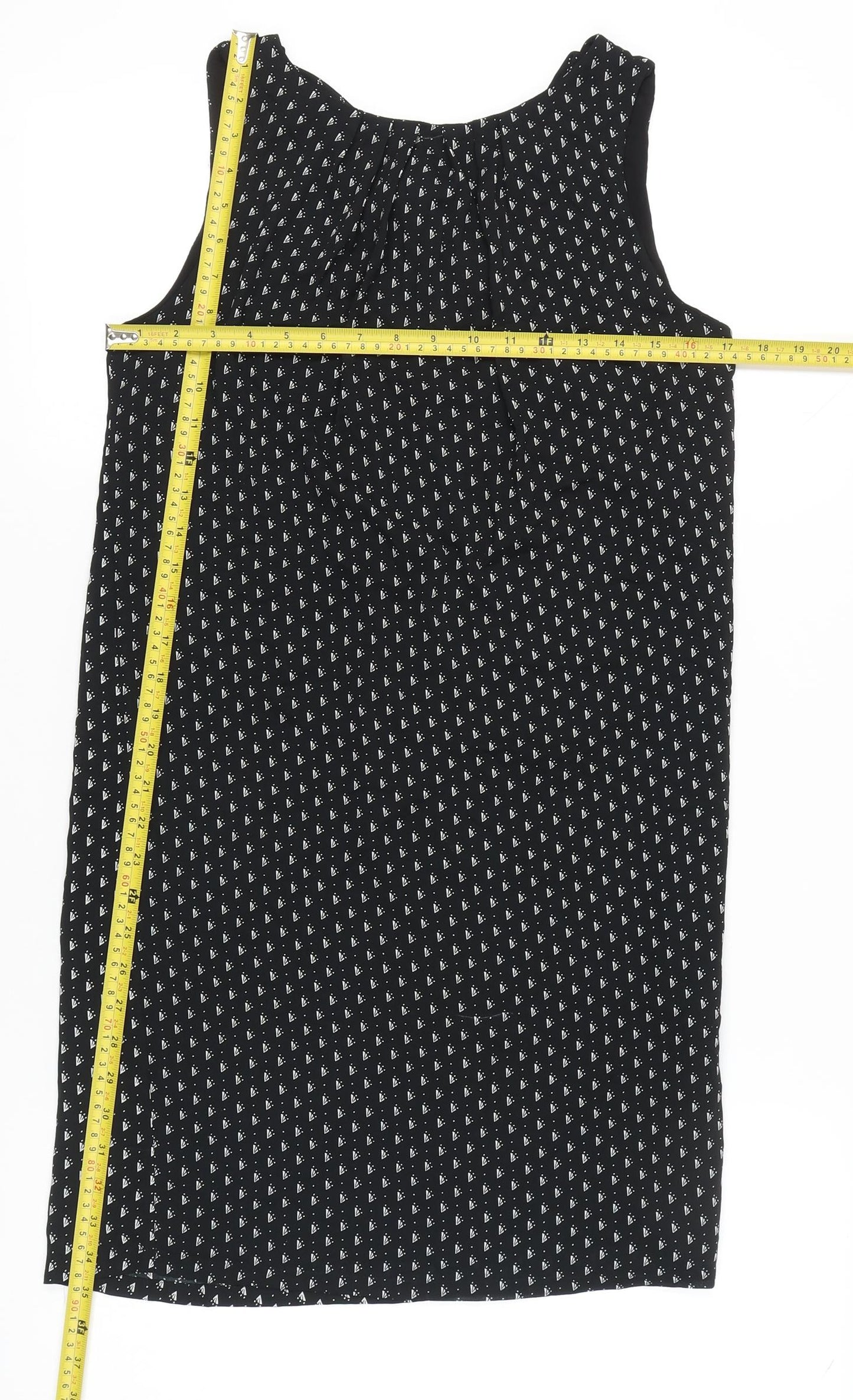 H&M Women’s Black Geometric Shift Dress Size 8 Sleeveless Tie Neck
