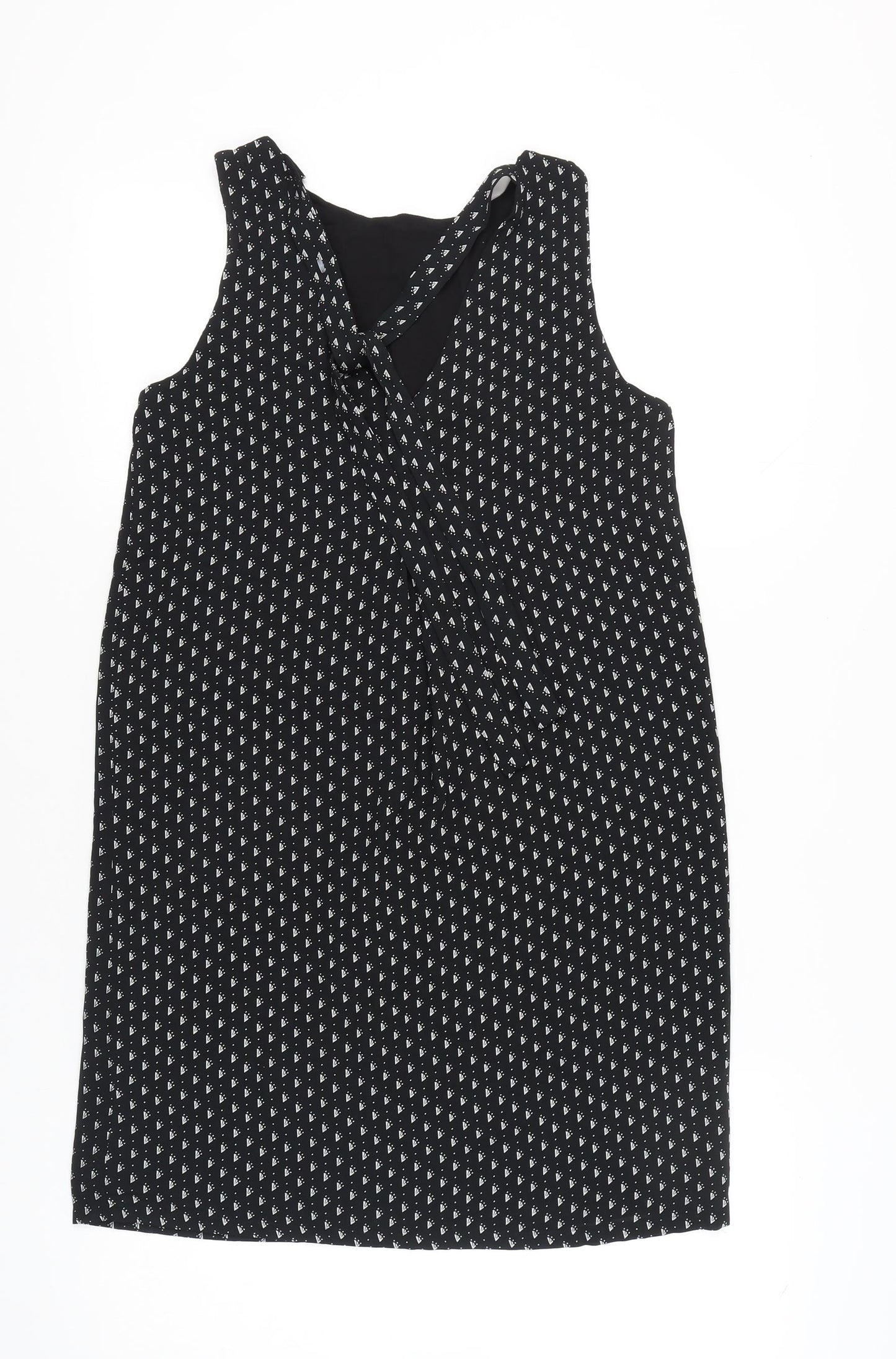 H&M Women’s Black Geometric Shift Dress Size 8 Sleeveless Tie Neck
