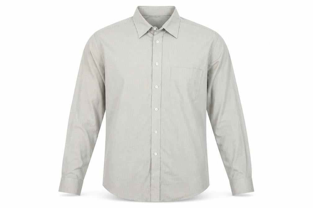 Front view of BHS men’s beige check long sleeve button-up shirt 15.5 collar