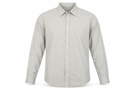 Front view of BHS men’s beige check long sleeve button-up shirt 15.5 collar