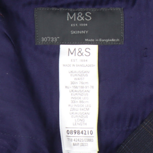 Marks and Spencer Men’s Blue Check Slim Fit Trousers 30x33