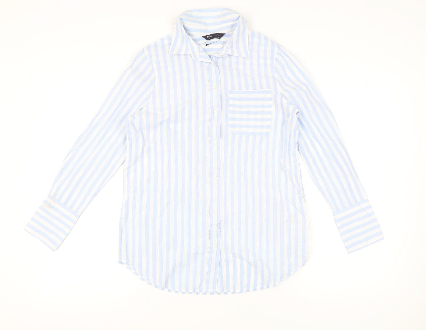 Marks and Spencer Women Blue Striped Cotton Button-Up Shirt Size 10
