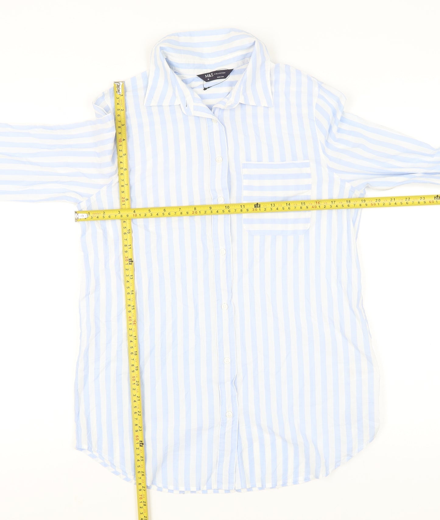 Marks and Spencer Women Blue Striped Cotton Button-Up Shirt Size 10