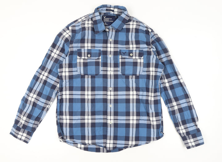 American Eagle Outfitters Men's Blue Check Long Sleeve Shirt L