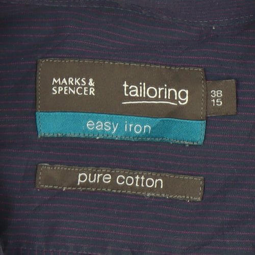 Marks and Spencer Men's Blue Striped Cotton Dress Shirt 38 Long Sleeve